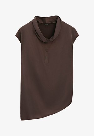 Ärmellose dunkelbraune Bluse mit asymmetrischem Saum, geknöpfter Leiste mit zwei Knöpfen und einem gefalteten, weichen Kragen.