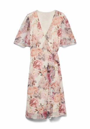 Blomstret midi omslagskjole med rosa, lilla og beige blomster, korte flagrende ermer, dyp V-utringning og et stoffbelte i midjen.