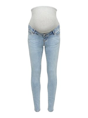 Jeans skinny premaman azzurri con fascia elastica morbida grigia sulla pancia, progettati per comfort e supporto durante la gravidanza.