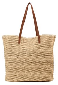 Sac cabas en paille tissée beige naturel avec des poignées en cuir synthétique marron. Design spacieux avec un motif tissé ouvert texturé.