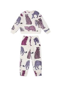Fleece loungewear set featuring a white background with vibrant purple and pink cat patterns, including various poses. Elastic cuffs and waistband.