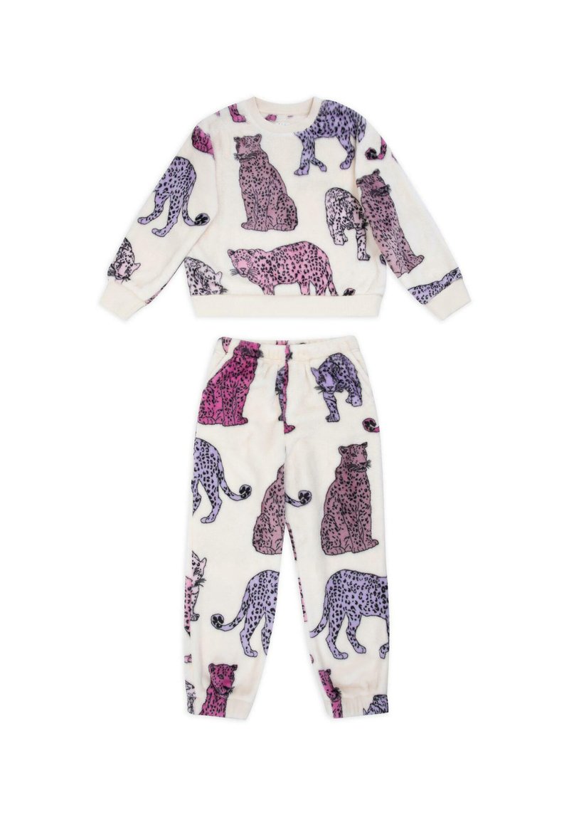 Fleece loungewear set featuring a white background with vibrant purple and pink cat patterns, including various poses. Elastic cuffs and waistband.