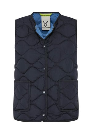 Marineblaue gesteppte ärmellose Weste mit Druckknöpfen, zwei Vordertaschen und hellblauem Innenfutter.