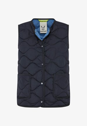Navy blue quilted sleeveless vest with snap buttons, two front pockets, and light blue interior lining.