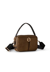 Brown textured rectangular handbag with black adjustable strap, gold hardware, and a circular gold clasp on the front pocket.
