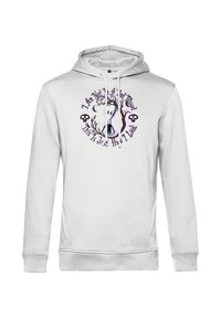 Hoodie grigio chiaro realizzato in tessuto morbido, con una grafica frontale che presenta un personaggio, un albero e teschi in testo nero e viola.