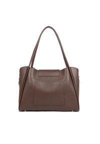 Borsa a mano in pelle marrone con due manici, caratterizzata da una tasca frontale e un design strutturato, esposta su uno sfondo bianco semplice.