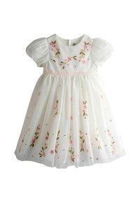 Weißes Kleid mit kurzen Puffärmeln, bestickt mit einem floralen Design in Pink und Grün, und einem transparenten, geschichteten Rock. Akzente setzen kleine Schmucksteine.
