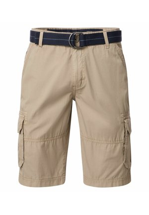 Beige Cargo-Shorts mit einem marineblauen Gürtel, gesteppten Akzenten, Seitentaschen und einem leichten Stoffdesign.