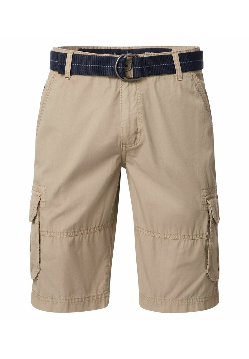 Beżowe szorty cargo z granatowym paskiem, przeszyciami, bocznymi kieszeniami oraz lekkim materiałem.