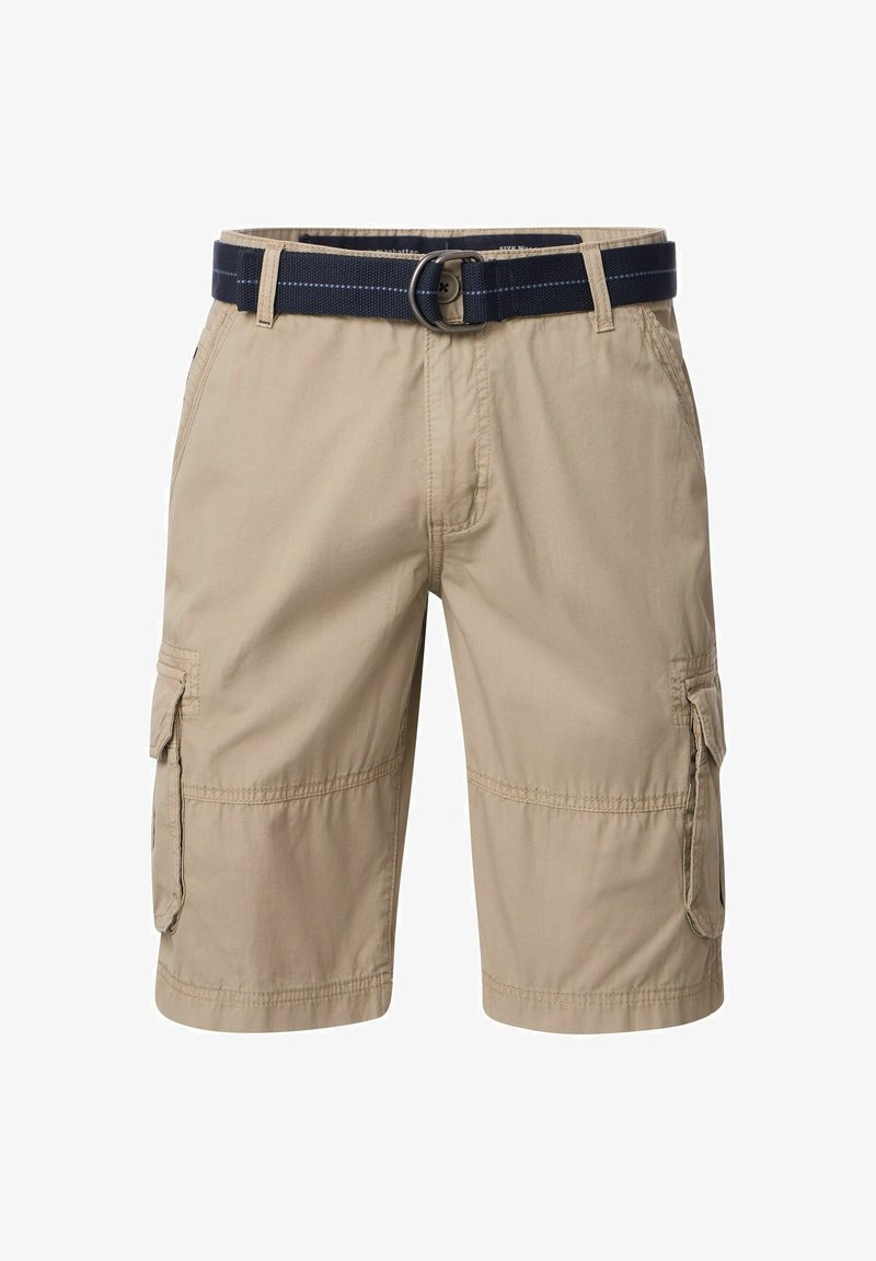 Beżowe szorty cargo z granatowym paskiem, przeszyciami, bocznymi kieszeniami oraz lekkim materiałem.
