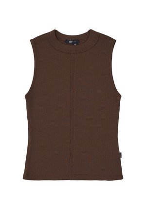 Top sans manches marron en tissu texturé avec un motif côtelé. Il possède un col rond et une silhouette droite.