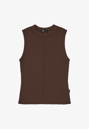 Braun ärmelloses Top aus strukturiertem Stoff mit einem Rippmuster. Es hat einen runden Halsausschnitt und eine gerade Silhouette.