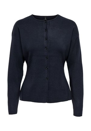 Cardigan bleu marine foncé à manches longues avec boutons, col rond et texture tricotée à côtes, taille cintrée et boutons noirs sur le devant.