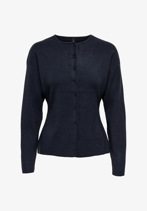 Cardigan bleu marine foncé à manches longues avec boutons, col rond et texture tricotée à côtes, taille cintrée et boutons noirs sur le devant.