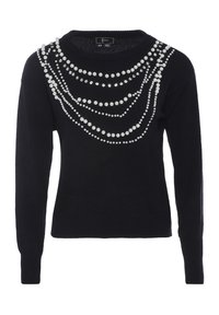 Schwarzer Pullover mit langen Ärmeln, Rundhalsausschnitt und strukturiertem Strickmuster. Verziert mit dekorativen Perlen- und Strass-Applikationen in kaskadierenden Linien.