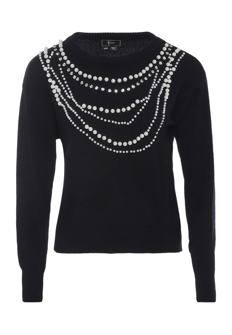 Schwarzer Pullover mit langen Ärmeln, Rundhalsausschnitt und strukturiertem Strickmuster. Verziert mit dekorativen Perlen- und Strass-Applikationen in kaskadierenden Linien.