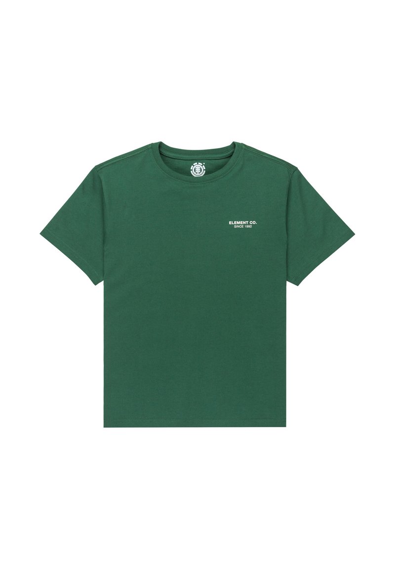 T-shirt verde in cotone con collo rotondo e maniche corte; presenta un piccolo logo bianco sul petto; texture liscia, vestibilità standard.