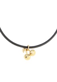 Black braided leather choker featuring two gold cherry charms with a leaf design, smooth texture, and engraved detailing on one charm.
