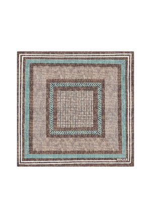 Tappeto marrone con motivo a quadrati concentrici, bordi turchesi e bianchi, superficie texture e elementi di design intrecciati.