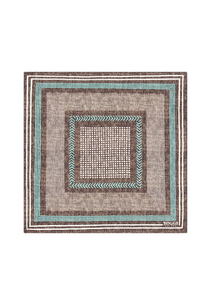 Brun mönstrad matta med concentriska rutor med teal och vita kanter, texturerad yta och vävda designelement.
