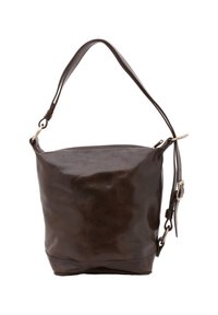 Borsa a secchiello in pelle marrone con una superficie liscia, tracolla regolabile e dettagli in metallo dorato. Design semplice e versatile.