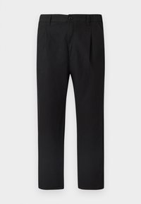 Mustad puuvillased püksid sirge säärejoonega, ees voldid ja nööpidega kinnitusega. Sile tekstuur ja minimalistlik kujundus.