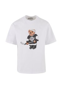 White cotton t-shirt featuring a cartoon bear in a black hockey uniform, holding a hockey stick, with "MARKET" printed on the shirt.