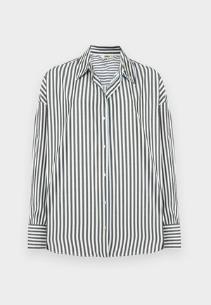 Chemise boutonnée à rayures verticales vertes et blanches, avec un col classique, des manches longues et un ourlet droit.