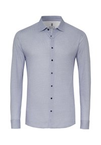 Himmelblaues, knöpfbares Hemd mit texturiertem Muster, langen Ärmeln und schwarzen Knöpfen. Der Kragen ist klassisch und der Saum ist abgerundet.