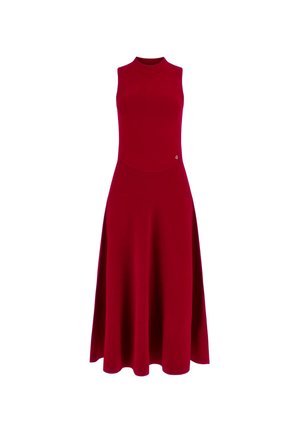 Red sleeveless dress with a high neckline, fitted bodice, and flared skirt. Made of smooth fabric with a round logo accent on the side.