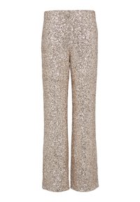 Paillettenbroek in zacht goud met een rechte pijp, voorzien van een glanzende, textuurachtige oppervlakte en een elastische tailleband voor comfort.