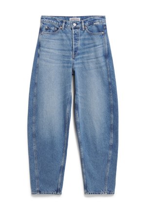 Light blue denim jeans with a high waist, loose fit, straight legs, and minimal fading. Features front pockets and a button closure.