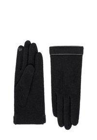 Une paire de gants d'hiver noirs avec un petit cœur en détail sur un des doigts et une couture subtile au poignet.