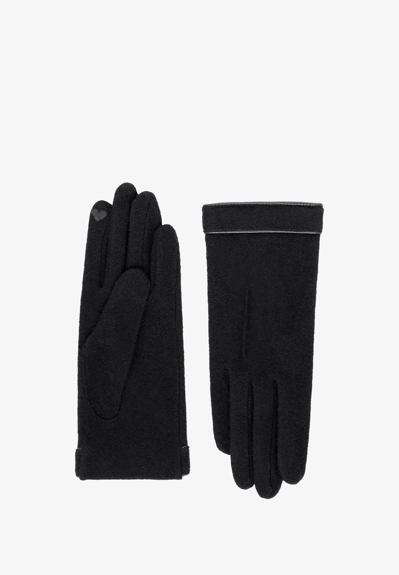 Ein Paar schwarze Winterhandschuhe mit einem kleinen Herzmotiv an einem Finger und dezenten Nähten am Handgelenk.