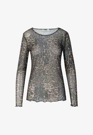 Sheer long-sleeve top with a leopard print pattern in grey and beige tones, featuring a rounded neckline and scalloped hem.