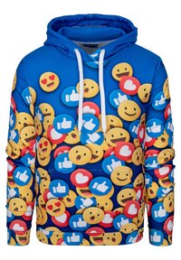 Sudadera azul con capucha que presenta un patrón colorido de emojis, incluyendo caras sonrientes, pulgares hacia arriba y corazones. Hecha de tela suave con un bolsillo delantero.