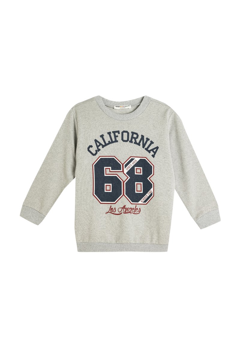 Felpa grigia con maniche lunghe, polsini a coste, scollo rotondo, con grafica "CALIFORNIA 68 Los Angeles" in blu navy e rosso.