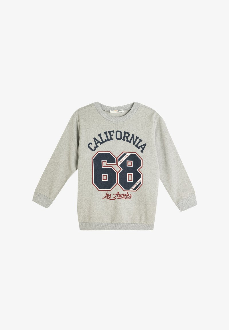 Felpa grigia con maniche lunghe, polsini a coste, scollo rotondo, con grafica "CALIFORNIA 68 Los Angeles" in blu navy e rosso.