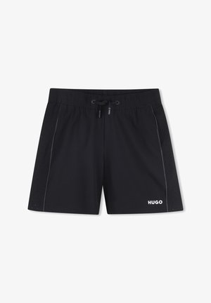 Schwarze Herren-Badehose mit elastischem Bund, Kordelzug, seitlichen Perforationen, Taschen und weißem "HUGO"-Logo am linken Bein.