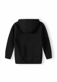 Felpa nera con cappuccio regolabile, texture morbida, polsini e orlo a costine, e un design minimalista senza loghi o accenti visibili.