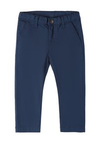Marineblauwe broek van een soepele stof, met een knoopsluiting, riemlussen en zijzakken. Rechtheven ontwerp.