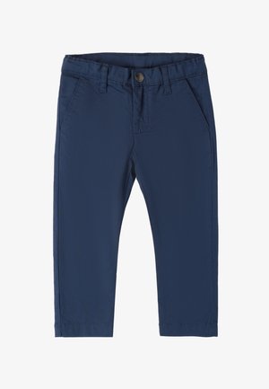 Marineblaue Hose aus glattem Stoff, mit Knopfverschluss, Gürtelschlaufen und Seitentaschen. Bequeme gerade Passform.