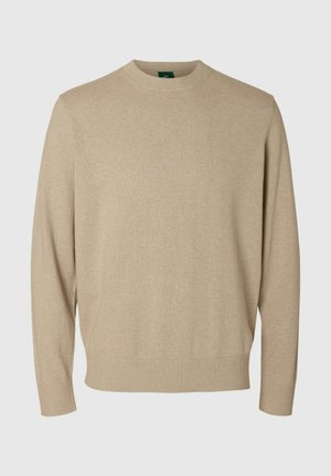 Beige gebreide trui met een ronde hals, lange mouwen en geribbelde boorden. Gladde textuur met een minimalistisch ontwerp. Geen zichtbare patronen of accenten.