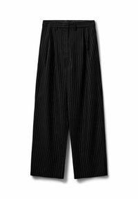 Black wide-leg trousers with white pinstripes, pleated front, and a waistband featuring belt loops. Smooth fabric with structured design.