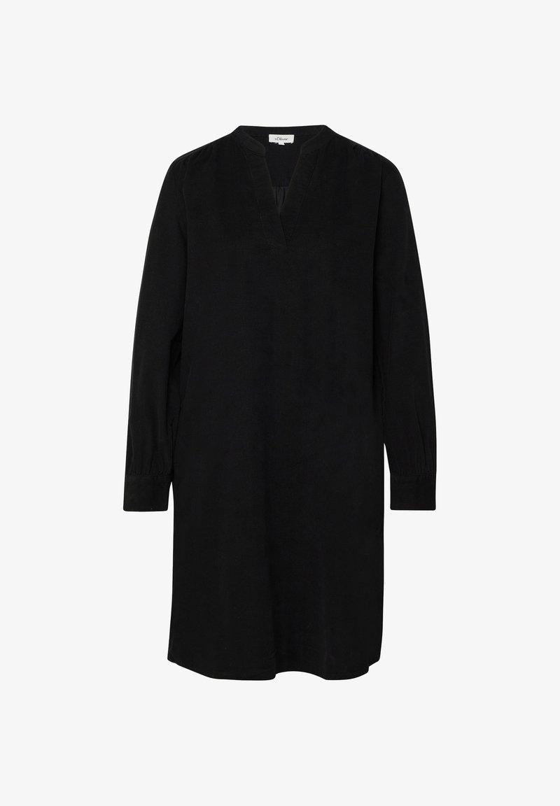 Schwarzes, langärmeliges Kleid mit V-Ausschnitt und gerafften Details an den Schultern, aus weichem Stoff mit geradem Schnitt und mittlerer Oberschenkel-Länge.
