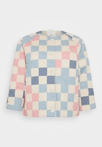 Pikowana kurtka w pastelową kratkę w odcieniach niebieskiego, różowego i kremowego. Posiada okrągły dekolt i zapięcie na guziki.