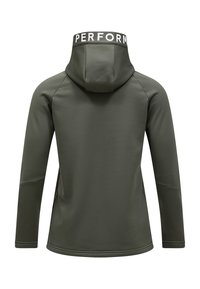 Green long-sleeve hoodie featuring a fitted design, soft texture, and a hood with "PERFORM" printed on the back neck area.