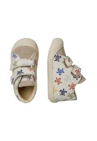 Scarpe bianche per bambini con motivi a tartaruga in rosso, blu, verde e giallo. Presentano una parte superiore in suede e due cinturini in velcro. Punta arrotondata.