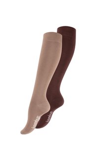Due paia di calzini alti fino al ginocchio; uno in nude chiaro e l'altro in marrone scuro. Realizzati in materiale morbido con il logo "bambus" sulla parte inferiore.
